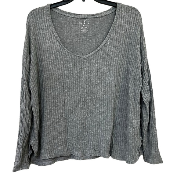 American Eagle Outfitters Tops - American Eagle Outfitters Soft & Sexy Gray Ribbed V-neck Long Sleeve Top, size M